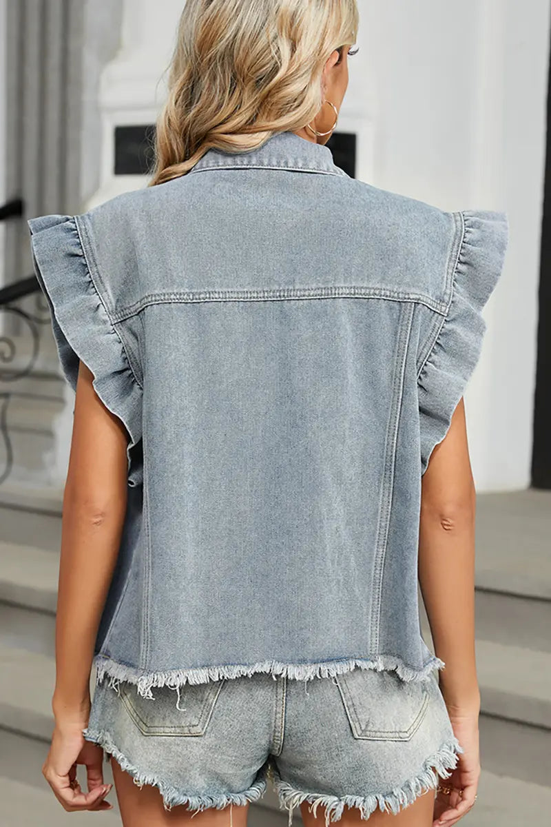 Gewassen denimvest met ruches aan de rand