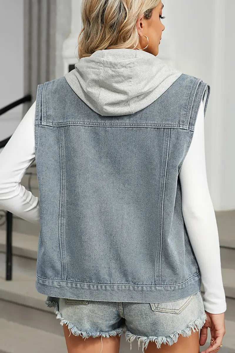 Hooded Denim Vest with Sleeveless Design