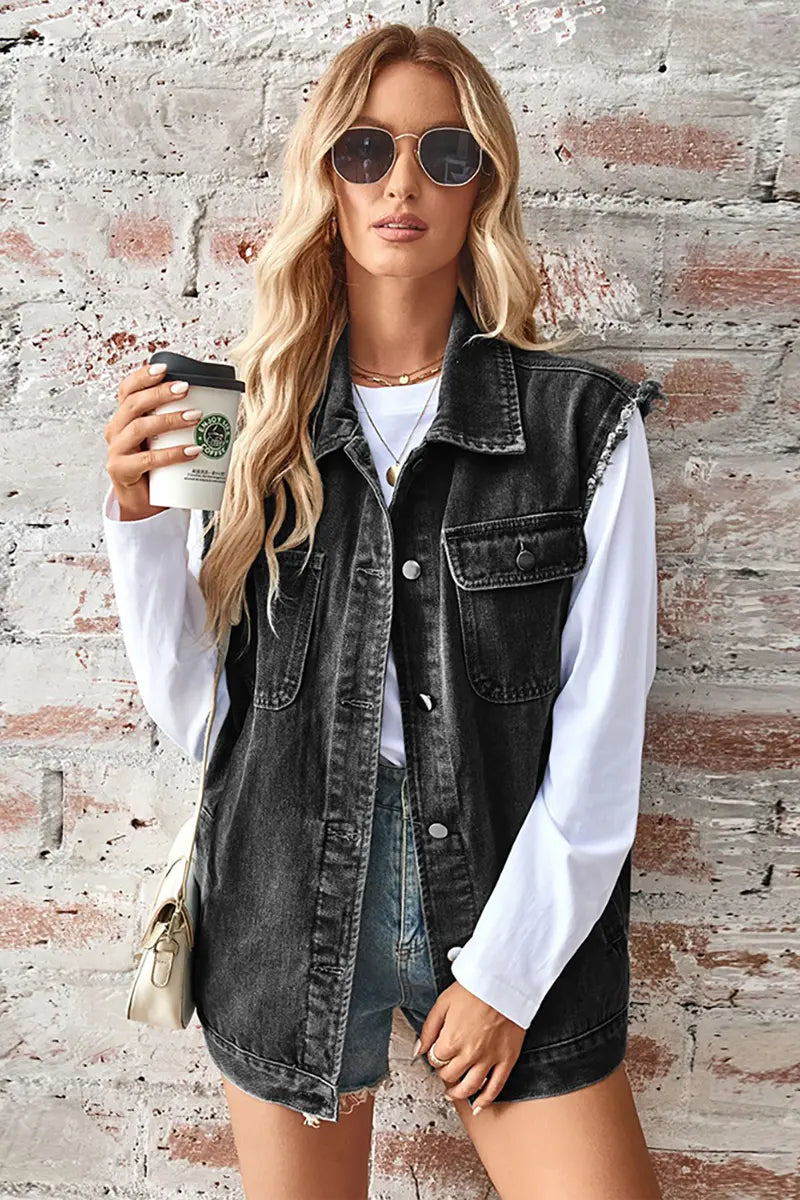 Gewassen denim mouwloze cardigan