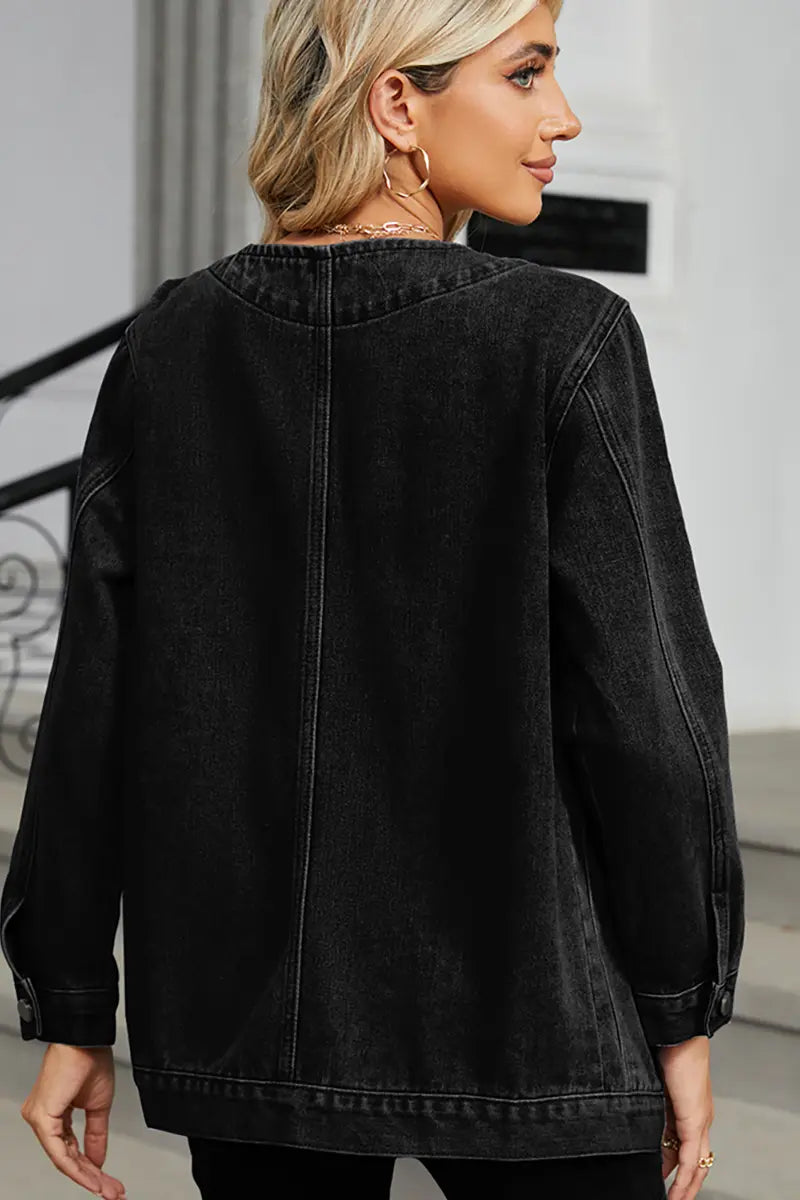 V-Neck Long-Sleeve Denim Jacket
