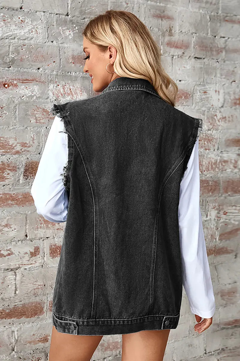 Gewassen denim mouwloze cardigan