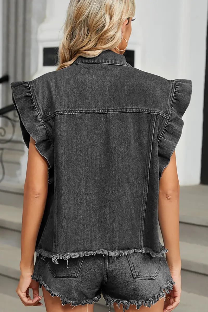 Gewassen denimvest met ruches aan de rand