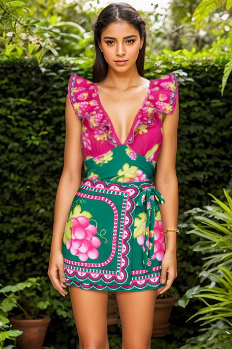 Ruffled Ruched One-Piece Short skirt Set