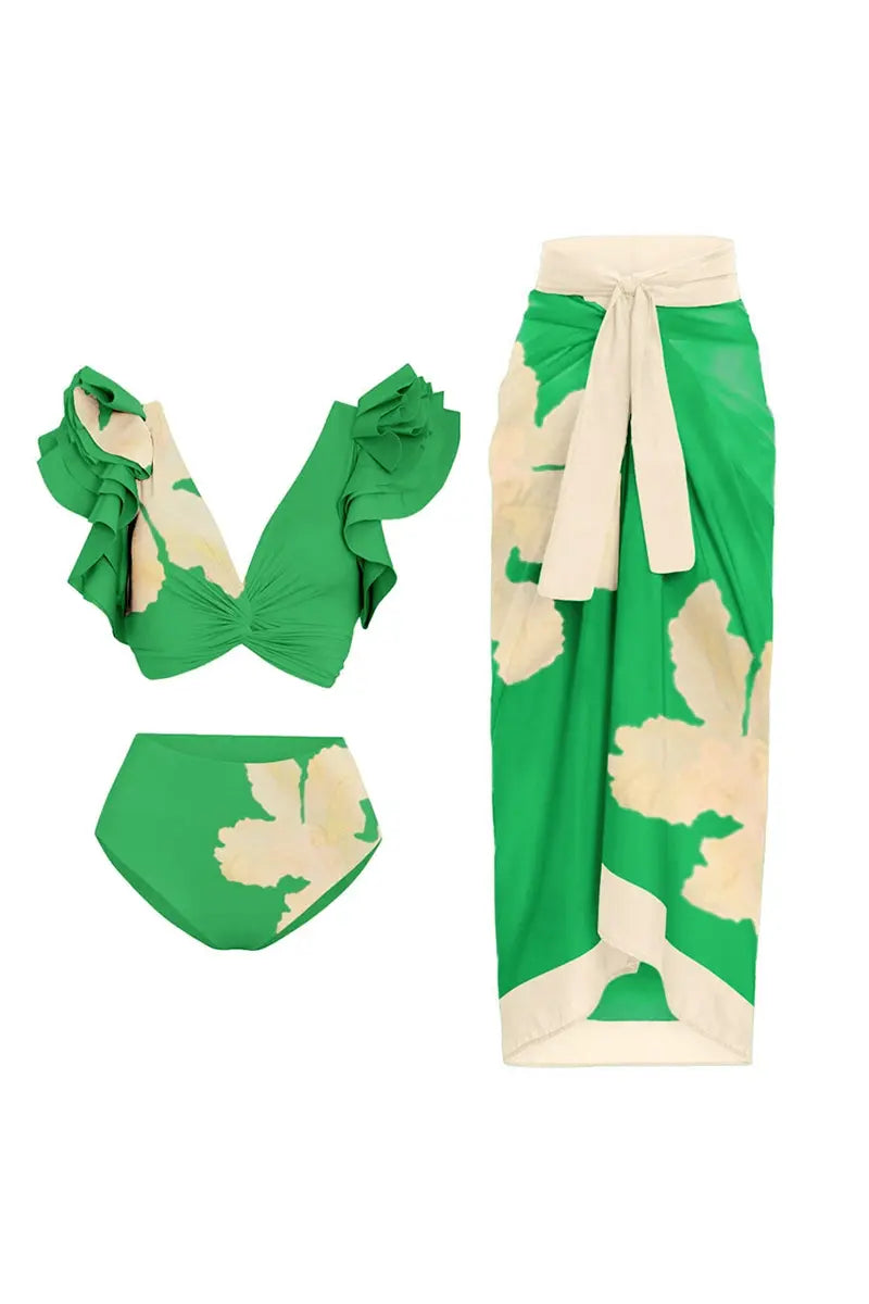 Bikini Set met Bloemen en Gerimpelde Stiksel Details