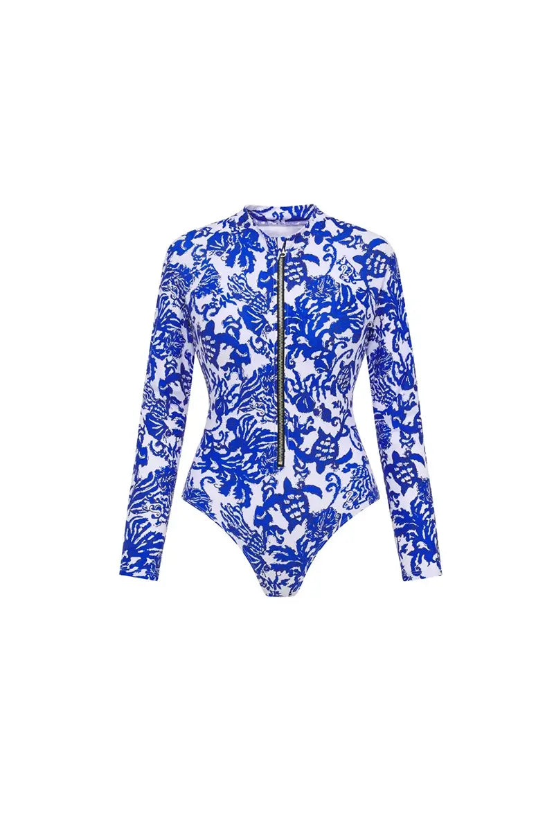 Blauw bedrukt zip-up lang mouw surfbadpak