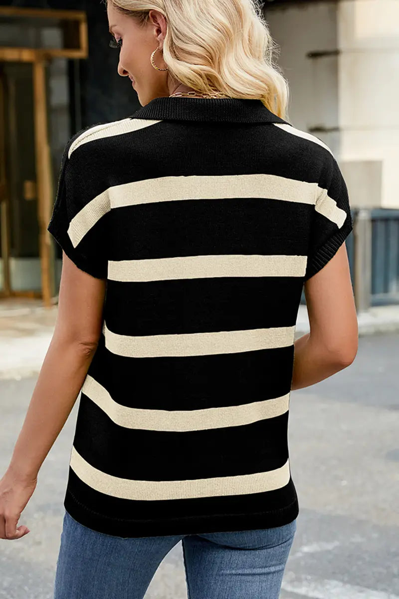 Collar Casual Striped Knit Vest Sweater
