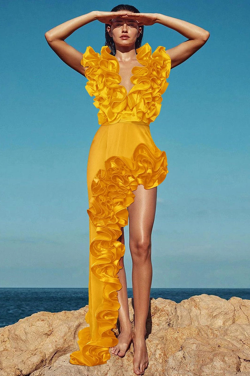 Ruffled V-Neck Yellow Swimsuit