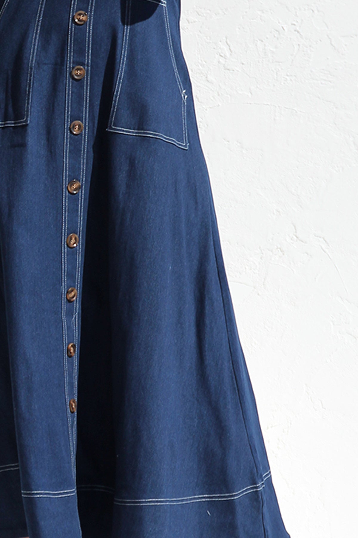 DENIM SUSPENDER CASUAL BUTTON MIDI DRESS