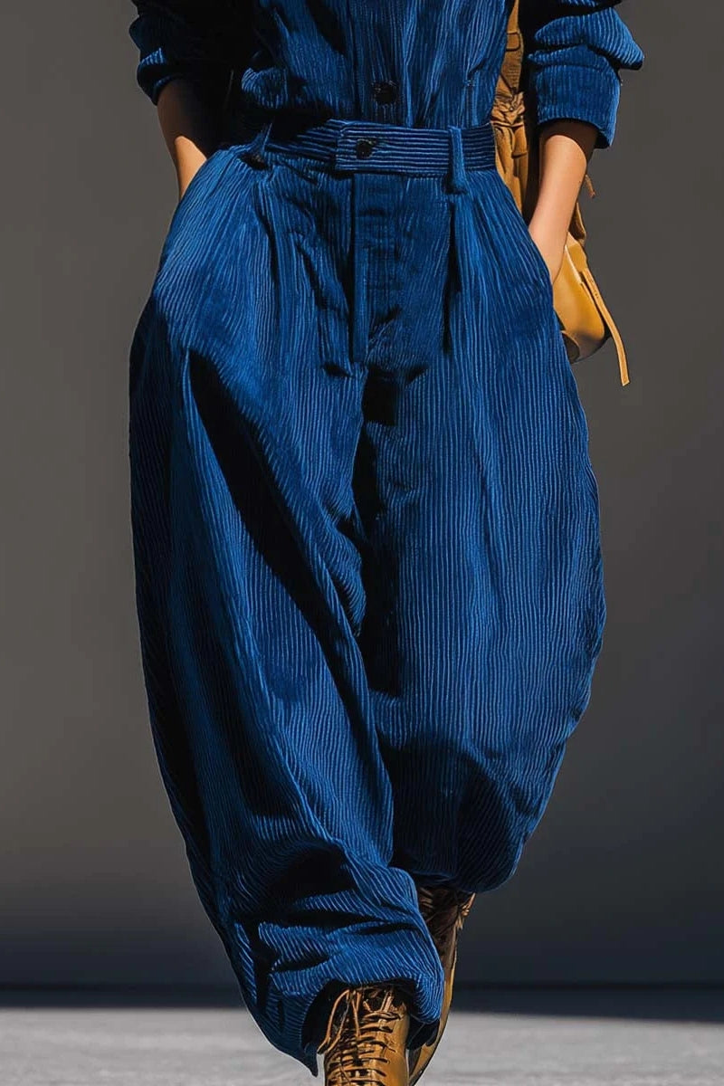 Blue Corduroy Hooded Top And Wide-leg Pants Set