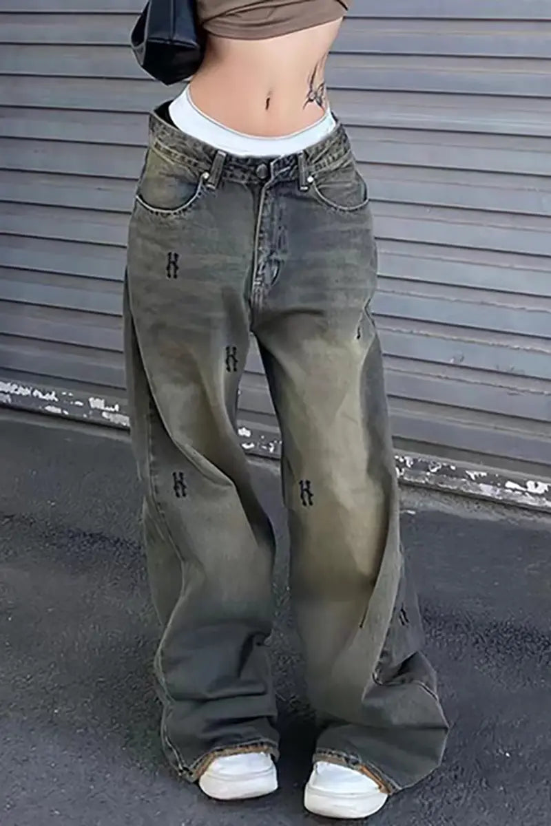 Vintage Gedrukte Rechte Jeans