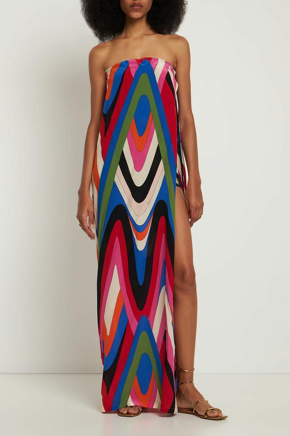 patti side slit maxi dress Strapless Side Slit Moiré Print Maxi Dress