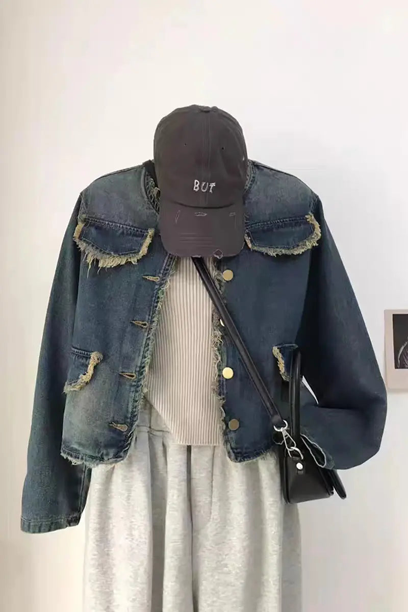 Vintage ronde hals versleten denim