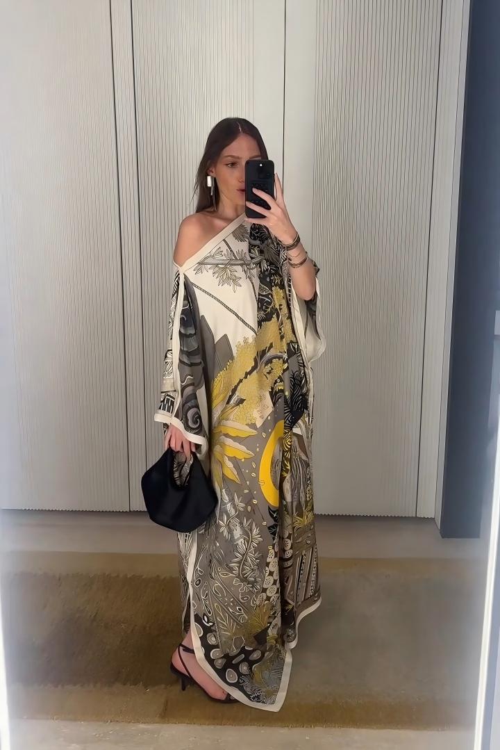One-Shoulder Shawl Wrap Vintage Print Maxi Dress