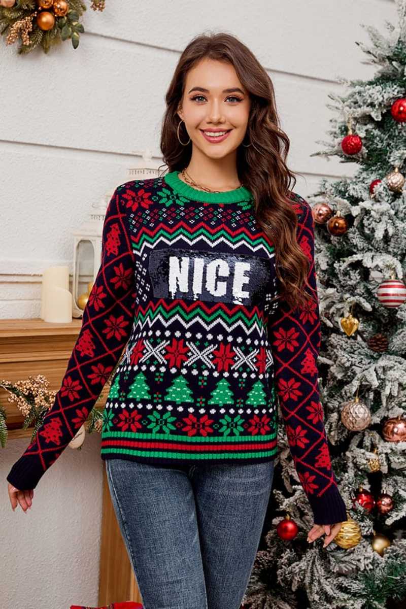 Pailletten geborduurde kerst jacquard gebreide trui