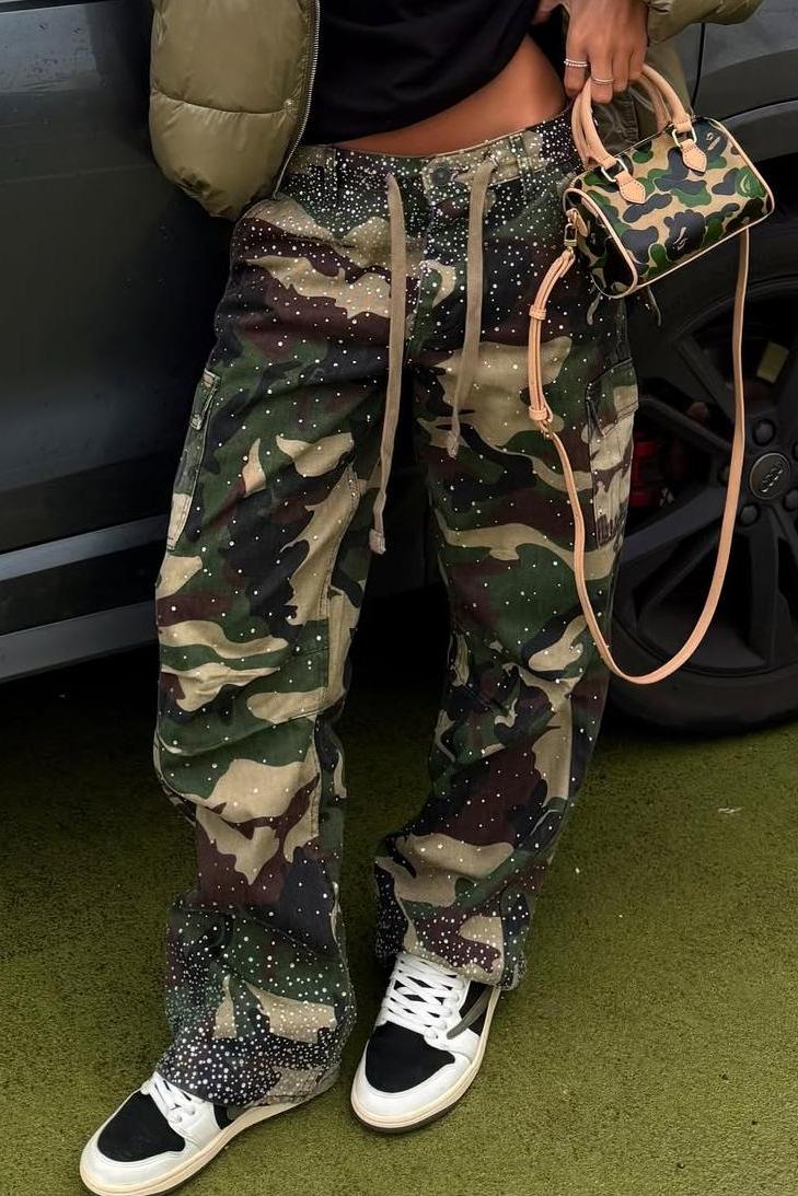 Camo Rhinestone Drawstring Cargo Pants