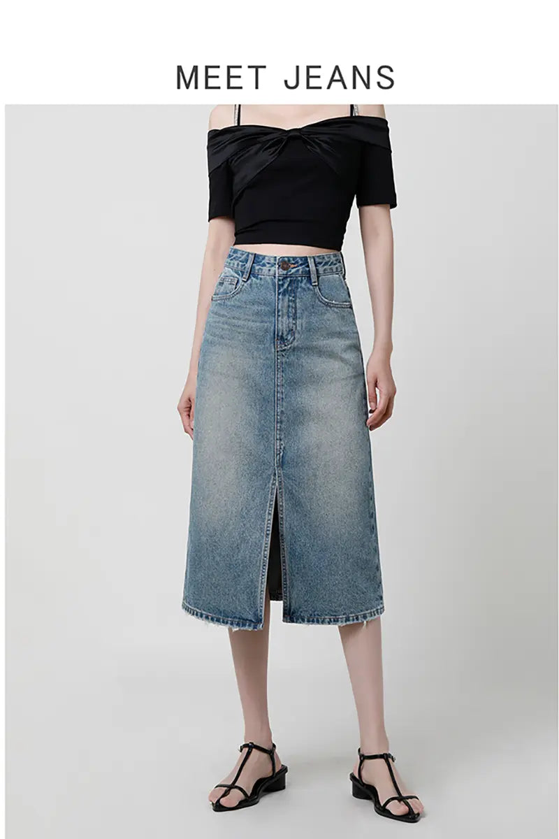 High-Waist Slit Denim Skirt