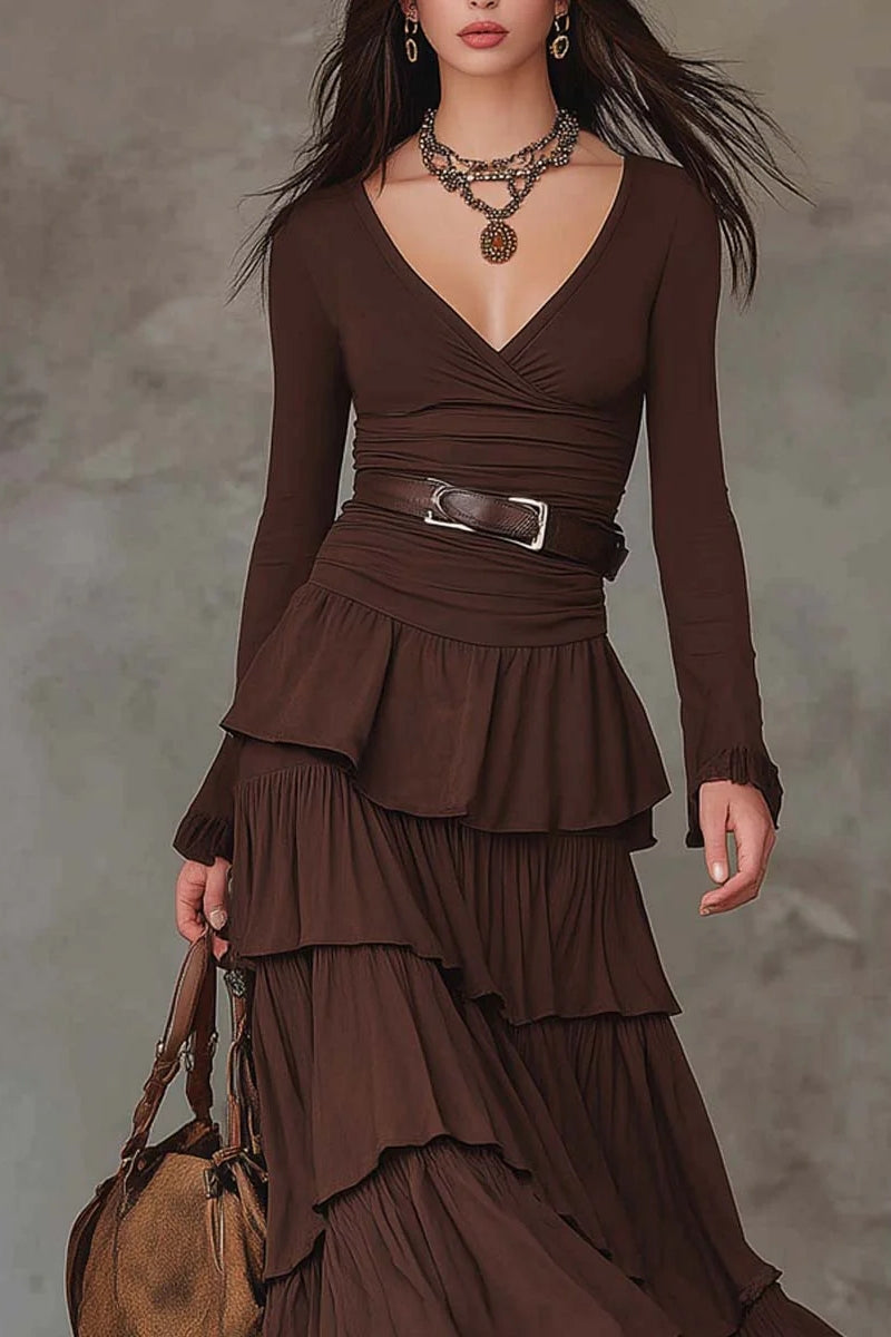 Brown Retro V-neck Multi-layered Ruffled Maxi Dress