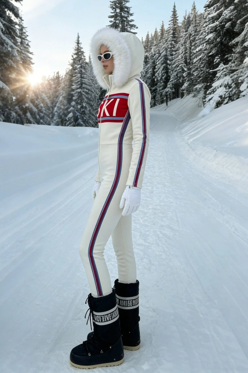 Cream Faux Fur Hood "SKI" Graphic Jumpsuit