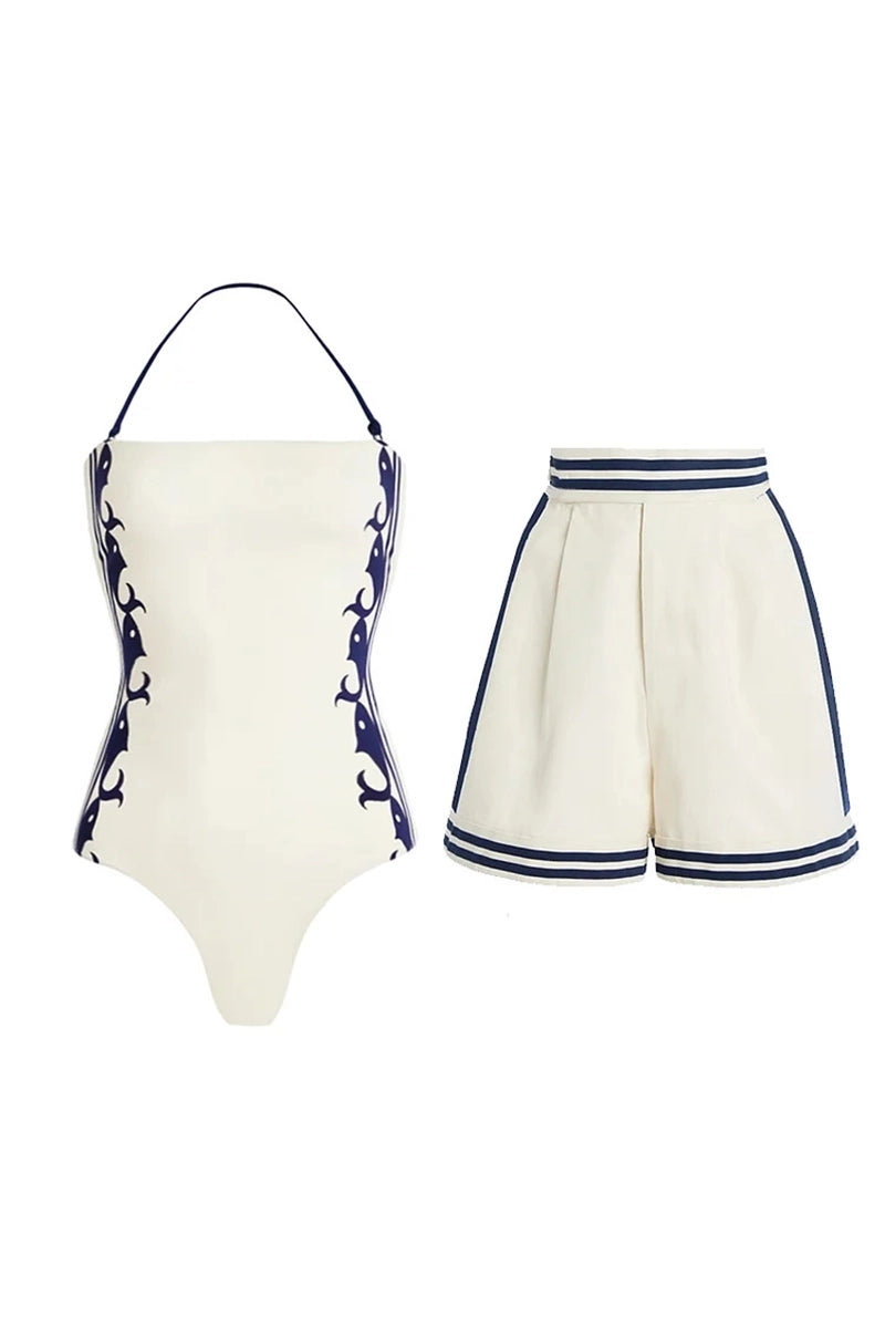 Navy Style One-Piece Swimsuit Set