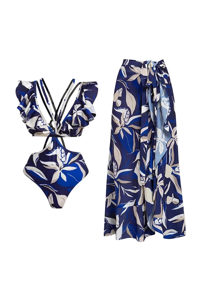 Off-shoulder monokini met striklint, print en uitsnijding
