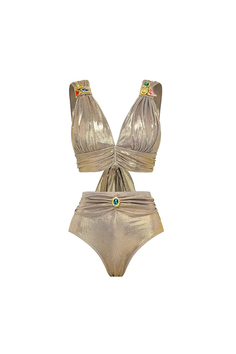 Rhinestone Ruched High-Waist Bikini Set