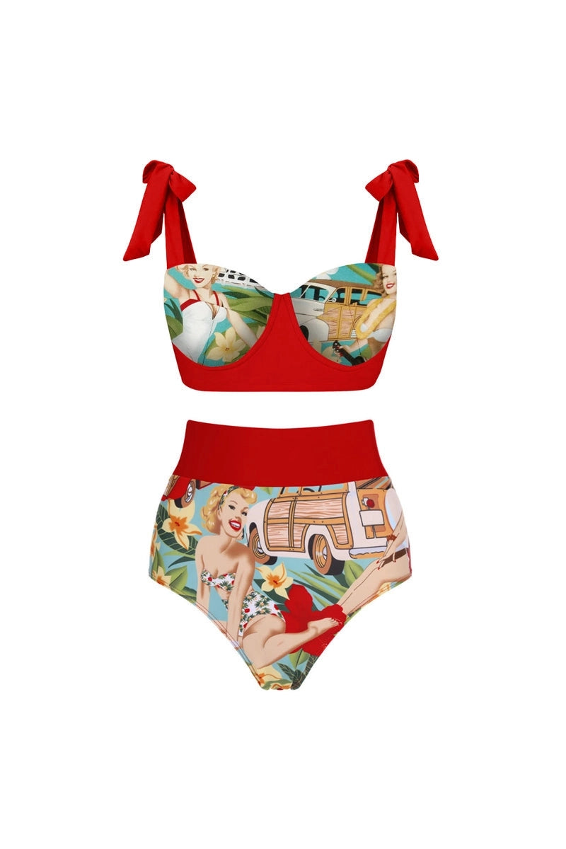 Striksluiting Hoge Taille Vintage Print Bikini Set