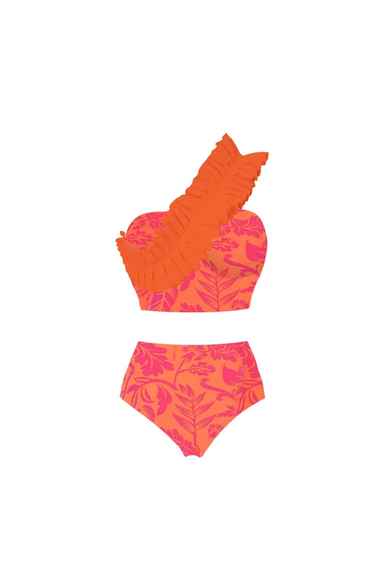 Een schouder gerimpelde print hoge taille bikini set