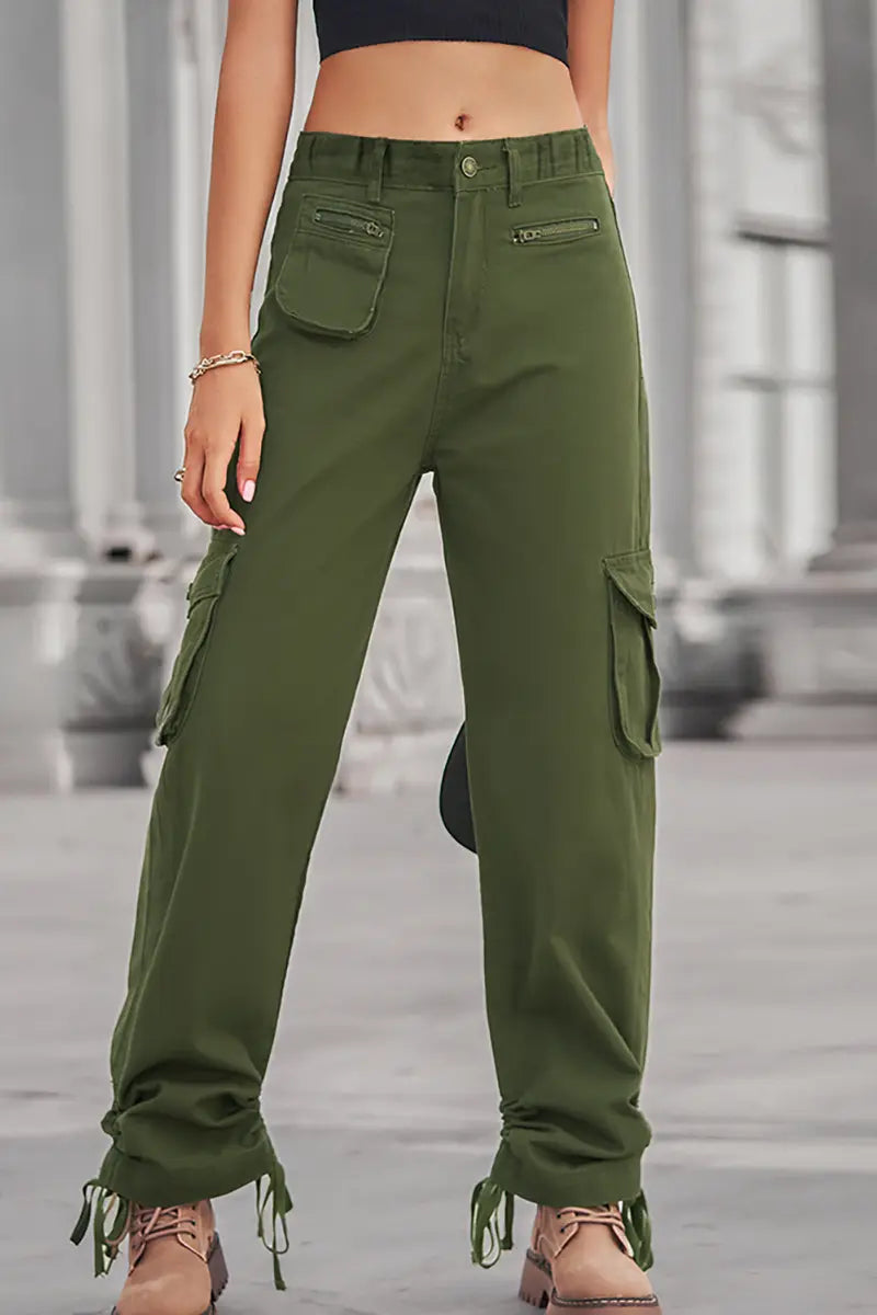 Casual Zipper Pocket Drawstring Denim Cargo Pants