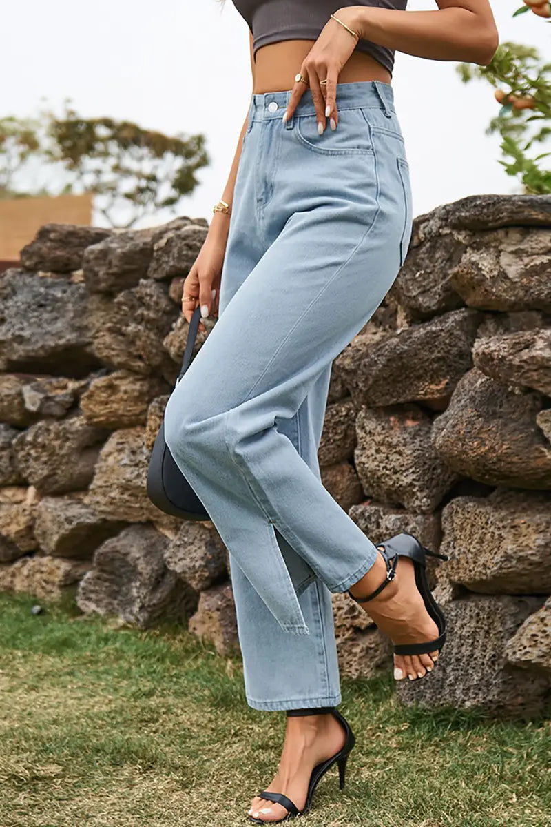 Trendy Split-Hem Washed Denim Pants
