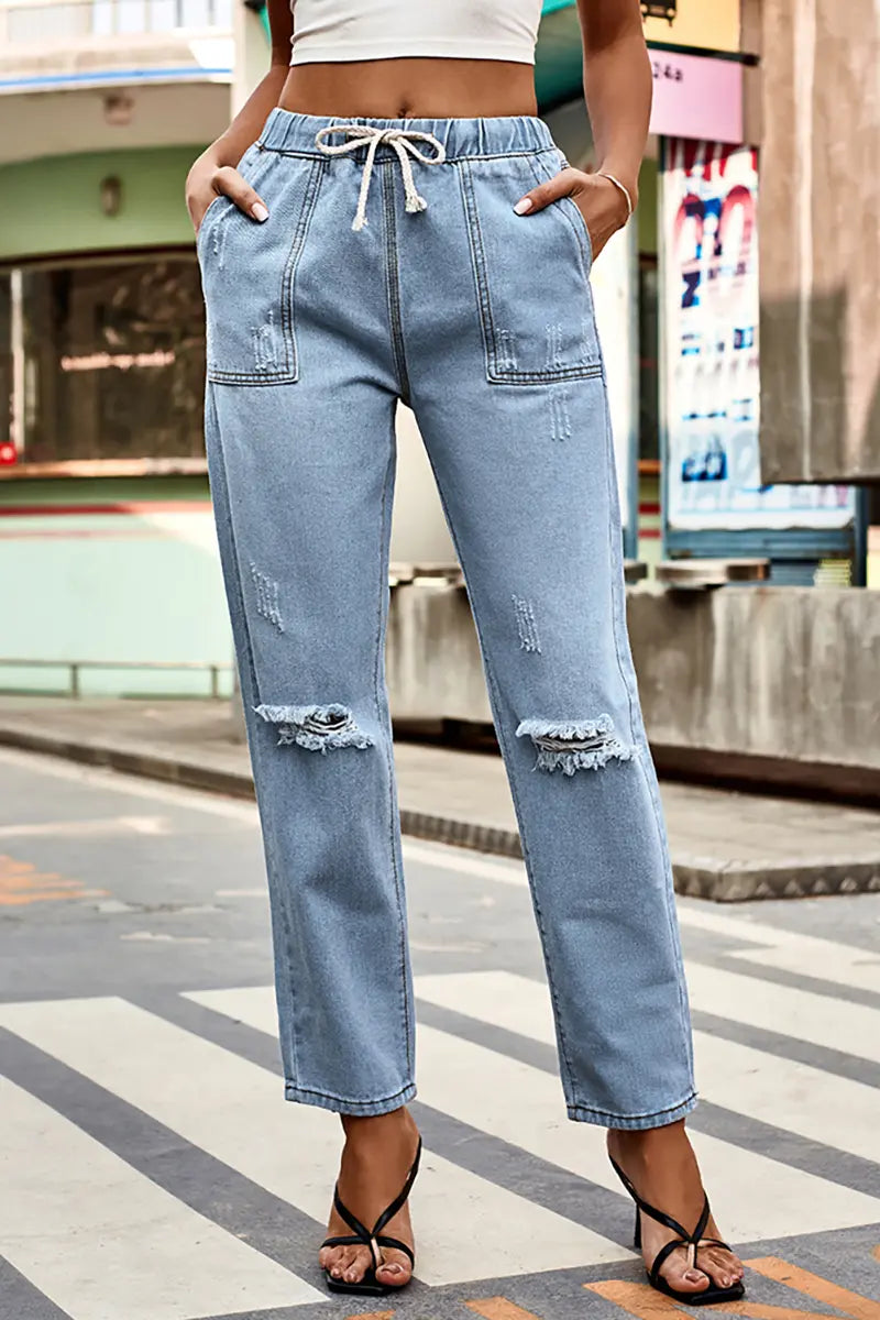 Autumn Drawstring Waist Distressed Denim Pants