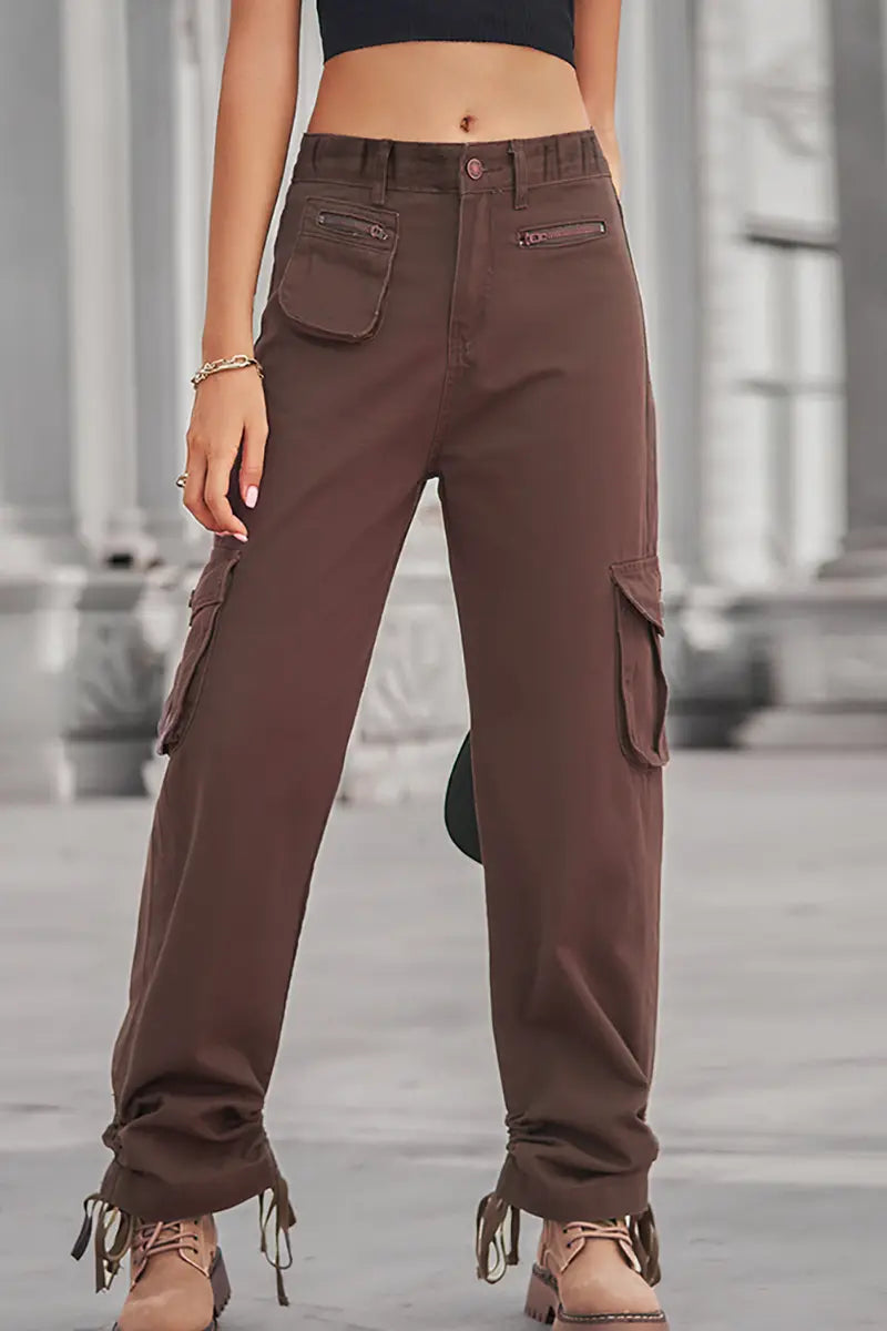 Casual Zipper Pocket Drawstring Denim Cargo Pants