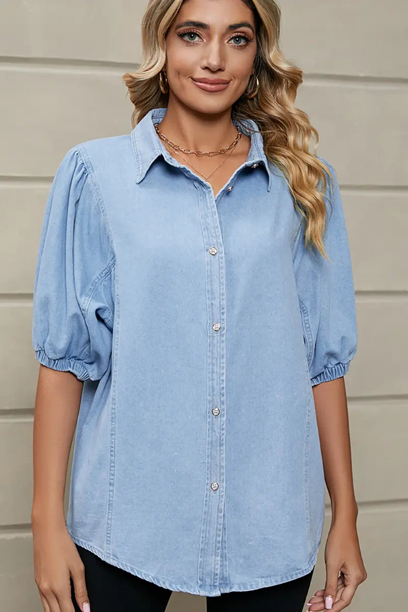Elastic Princess-Sleeve Denim Top