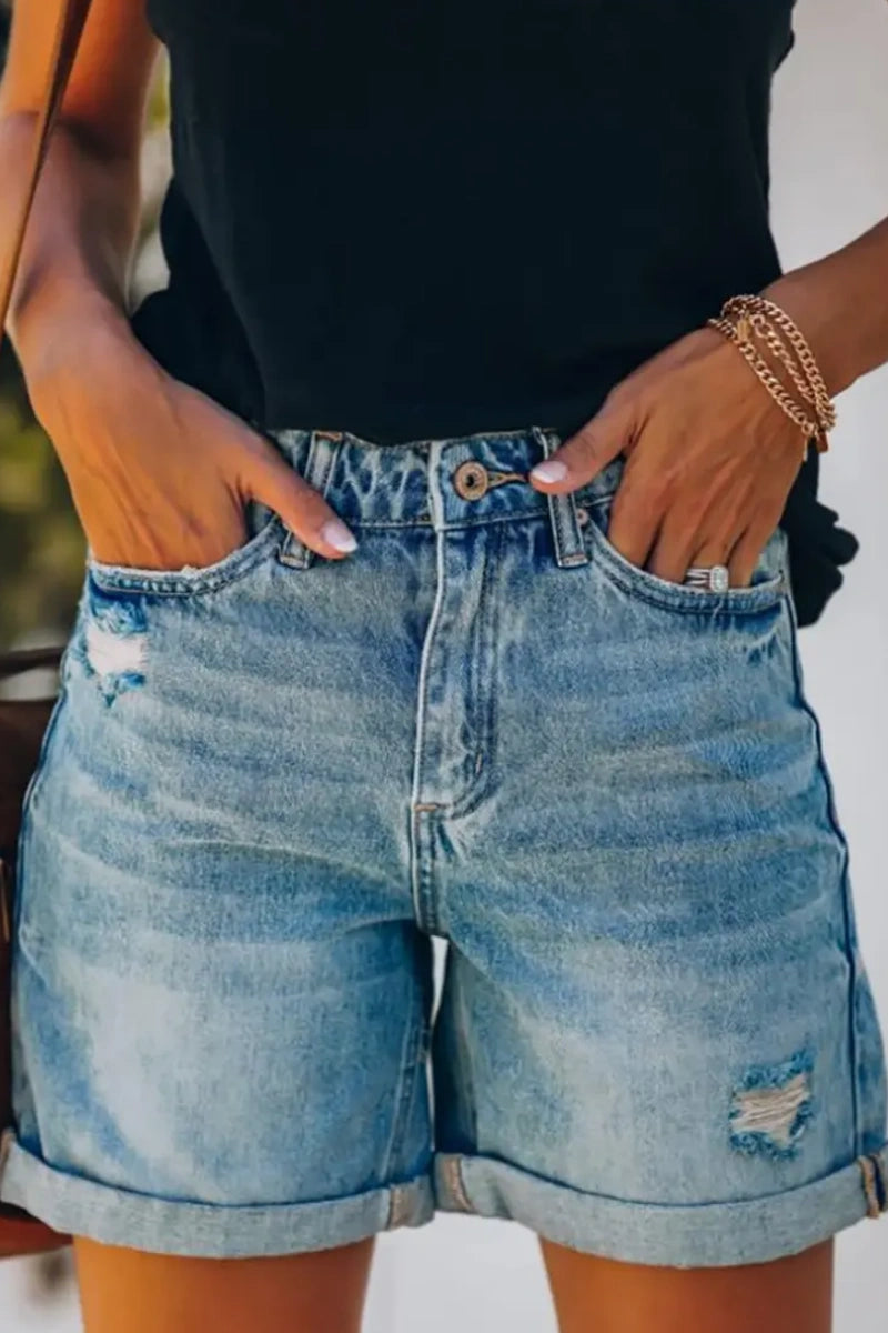 Nieuwe Stijlvolle Versleten Denim Shorts