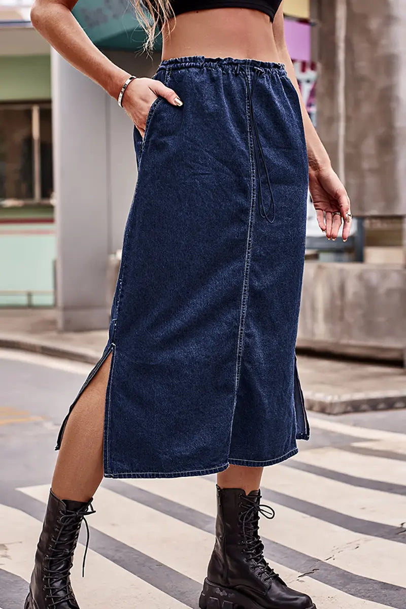 Drawstring Waist Denim Midi Skirt