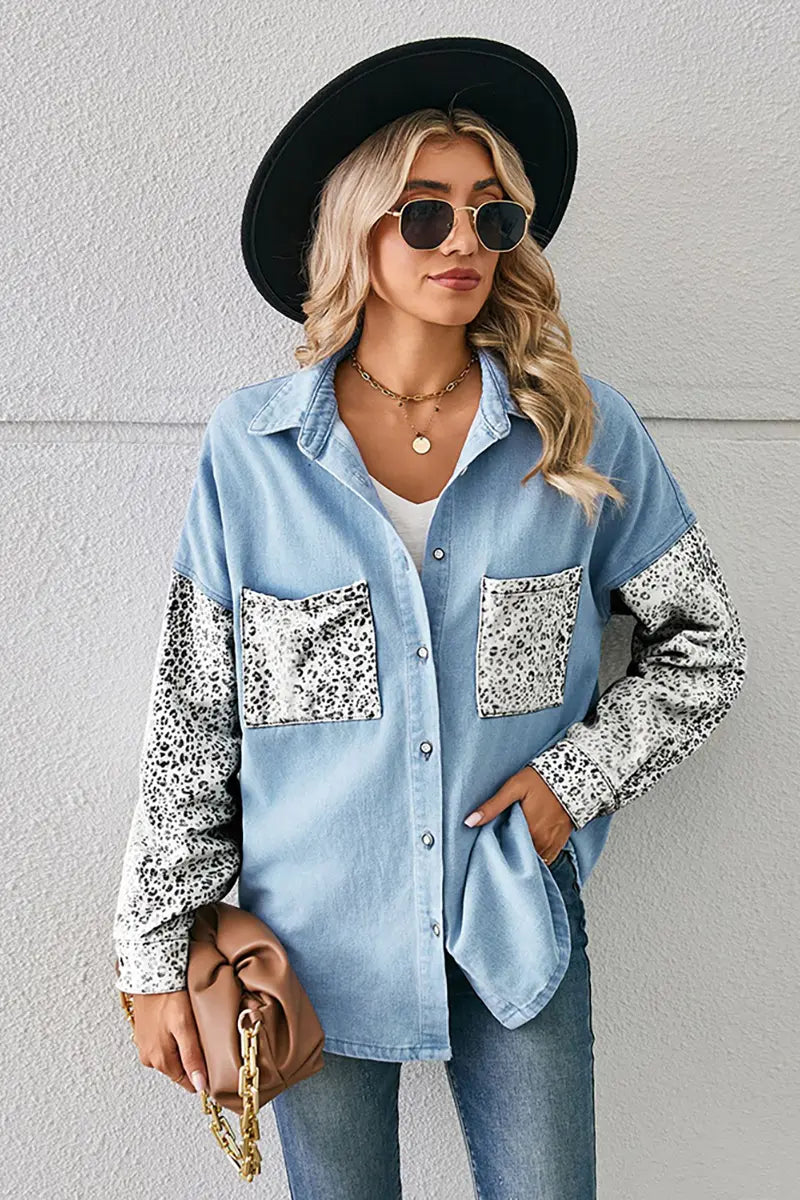 Nieuwe Losse Luipaard Denim Overhemd