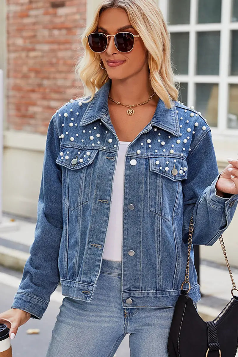 Slim-Fit Denimjack met Parel-Schouders