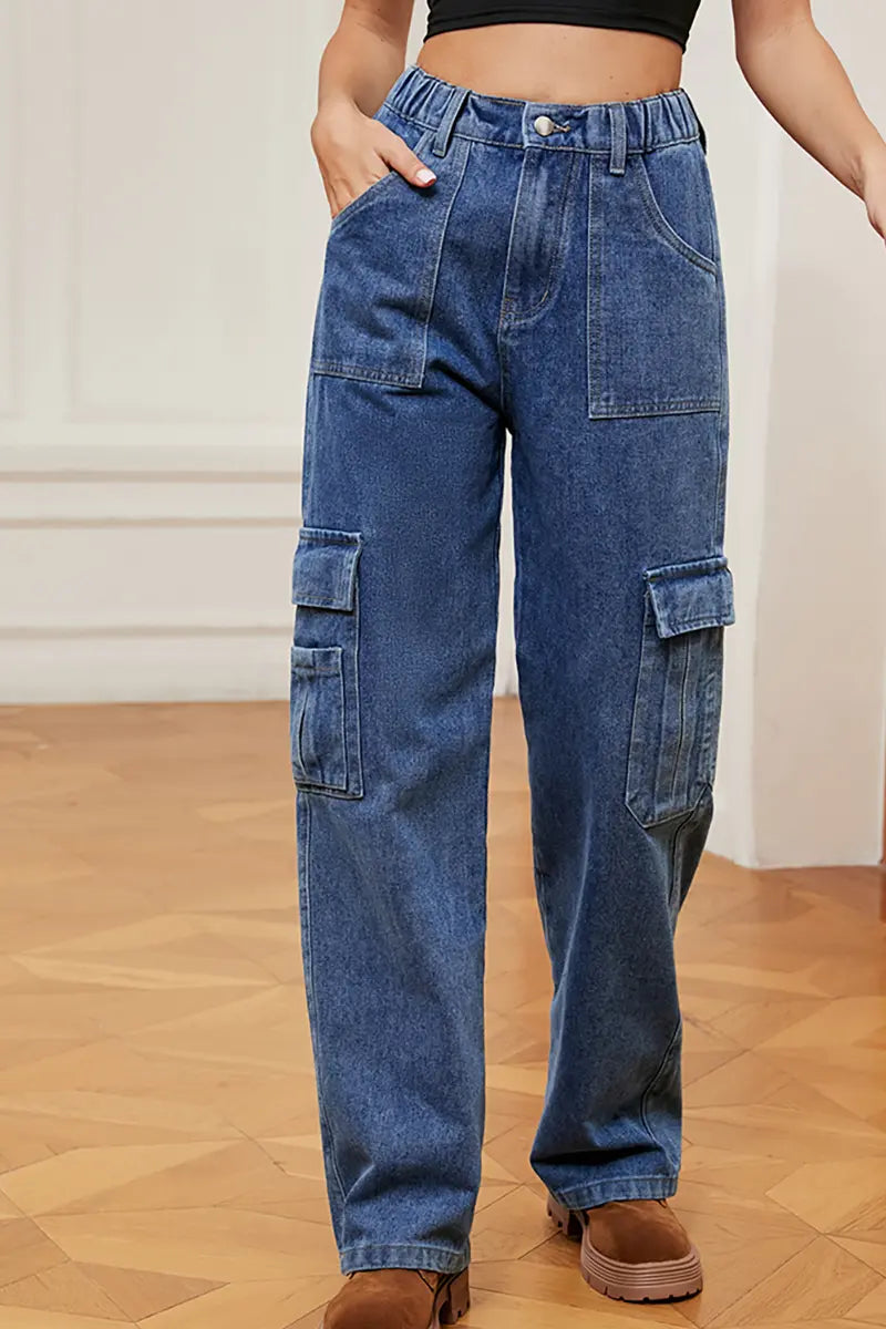 American Style Elastic-Waist Denim Cargo Pants