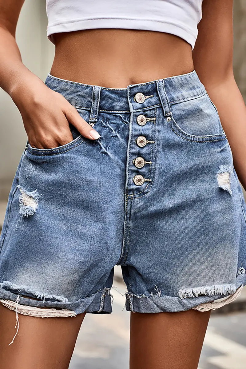 Button-Up Ripped Cuffed Denim Shorts