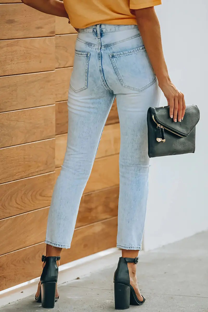 Vintage gescheurde denim enkellange broek