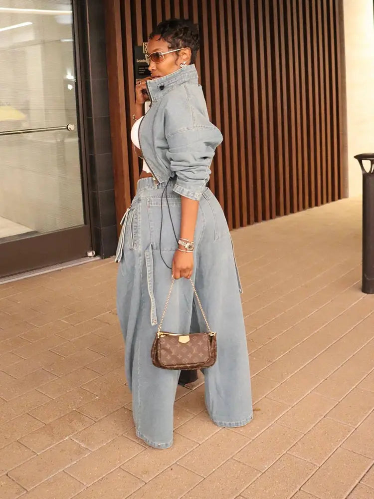 Vintage denim tweedelig met wijde pijpen