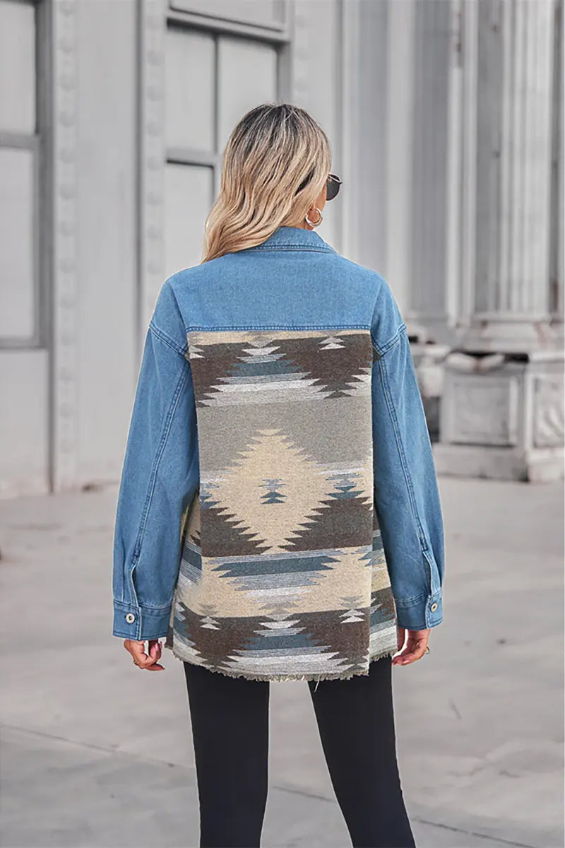 Aztec Geometric Long Denim Patchwork Wool Coat