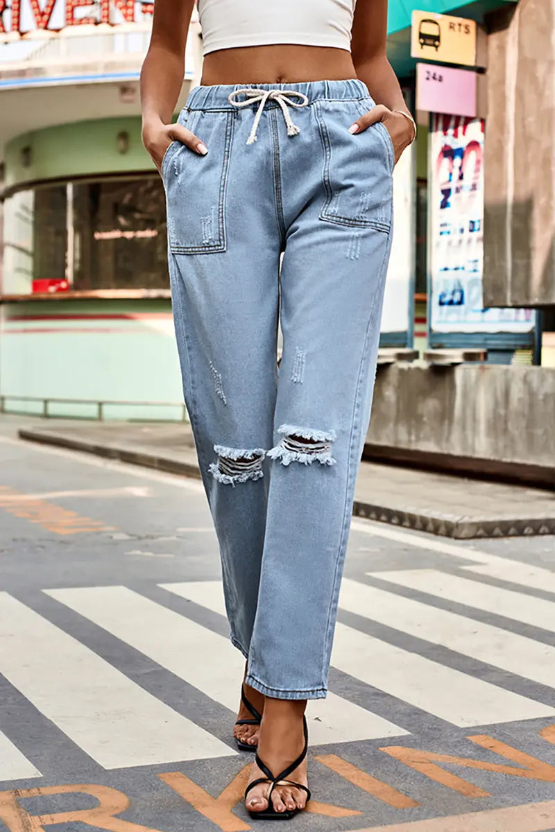 Autumn Drawstring Waist Distressed Denim Pants