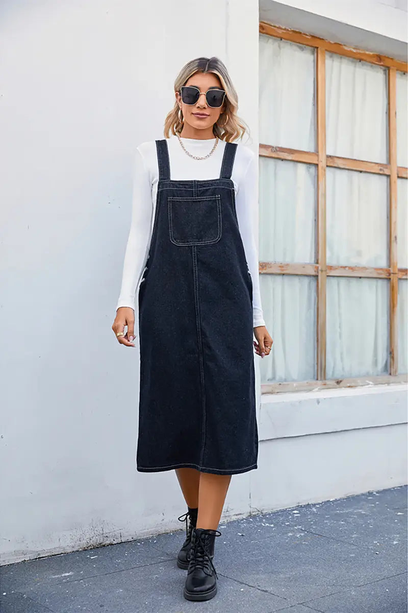 Trendy denim salopetjurk midi rok