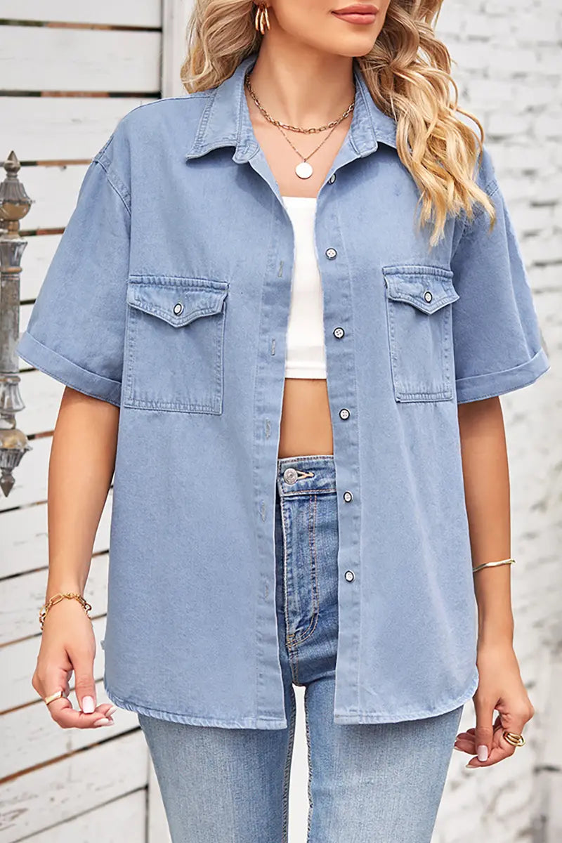 Slim Fit Korte Mouw Denim Overhemd met Knopen
