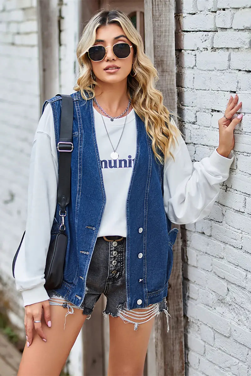 Button-Up Casual Denim Vest Jacket