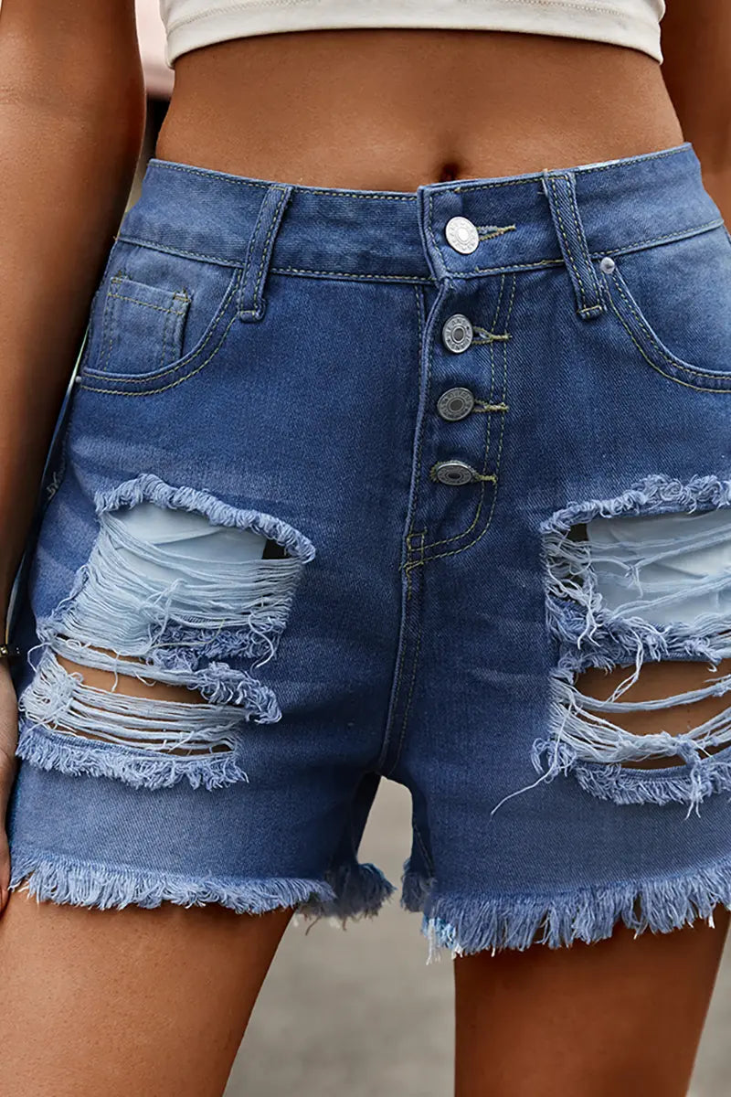 Button-Up Distressed Frayed Hem Denim Shorts