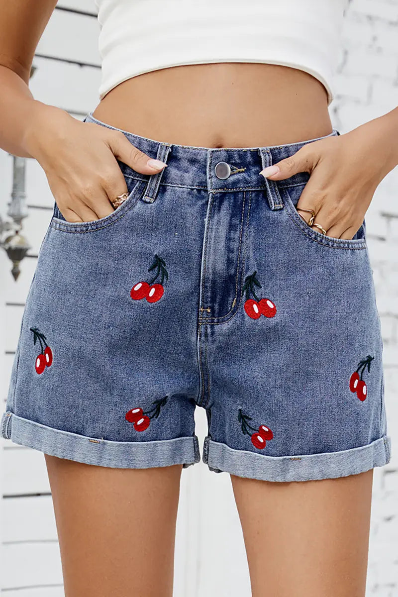 Embroidered Cherry Denim Shorts