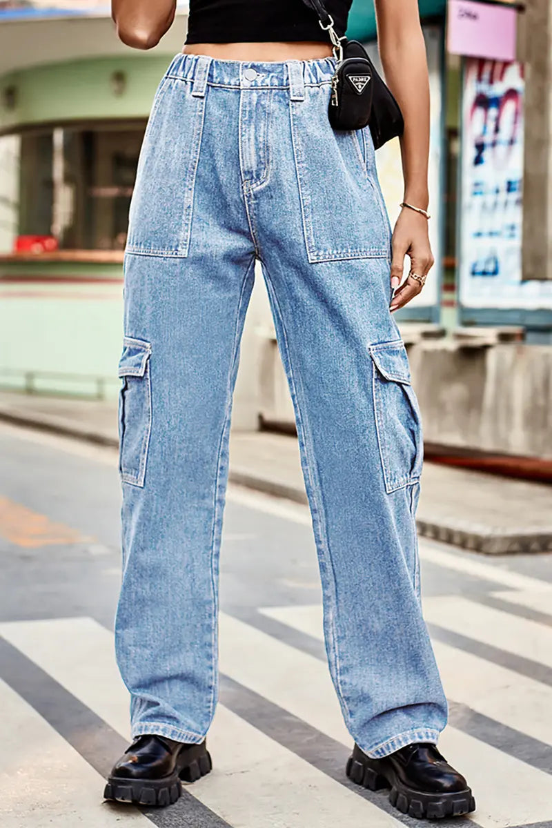 Retro Wash Elastic Waist Denim Utility Pants