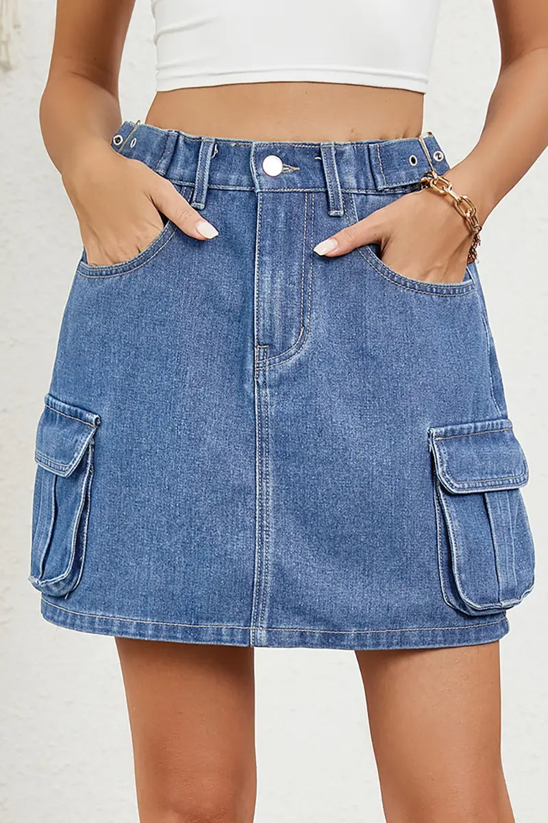 Adjustable Waist Denim Mini Skirt