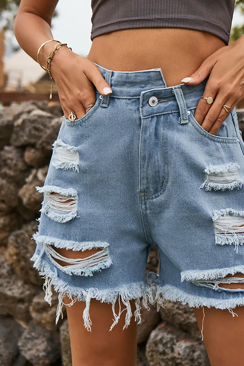 Asymmetrical Distressed Frayed Denim Shorts